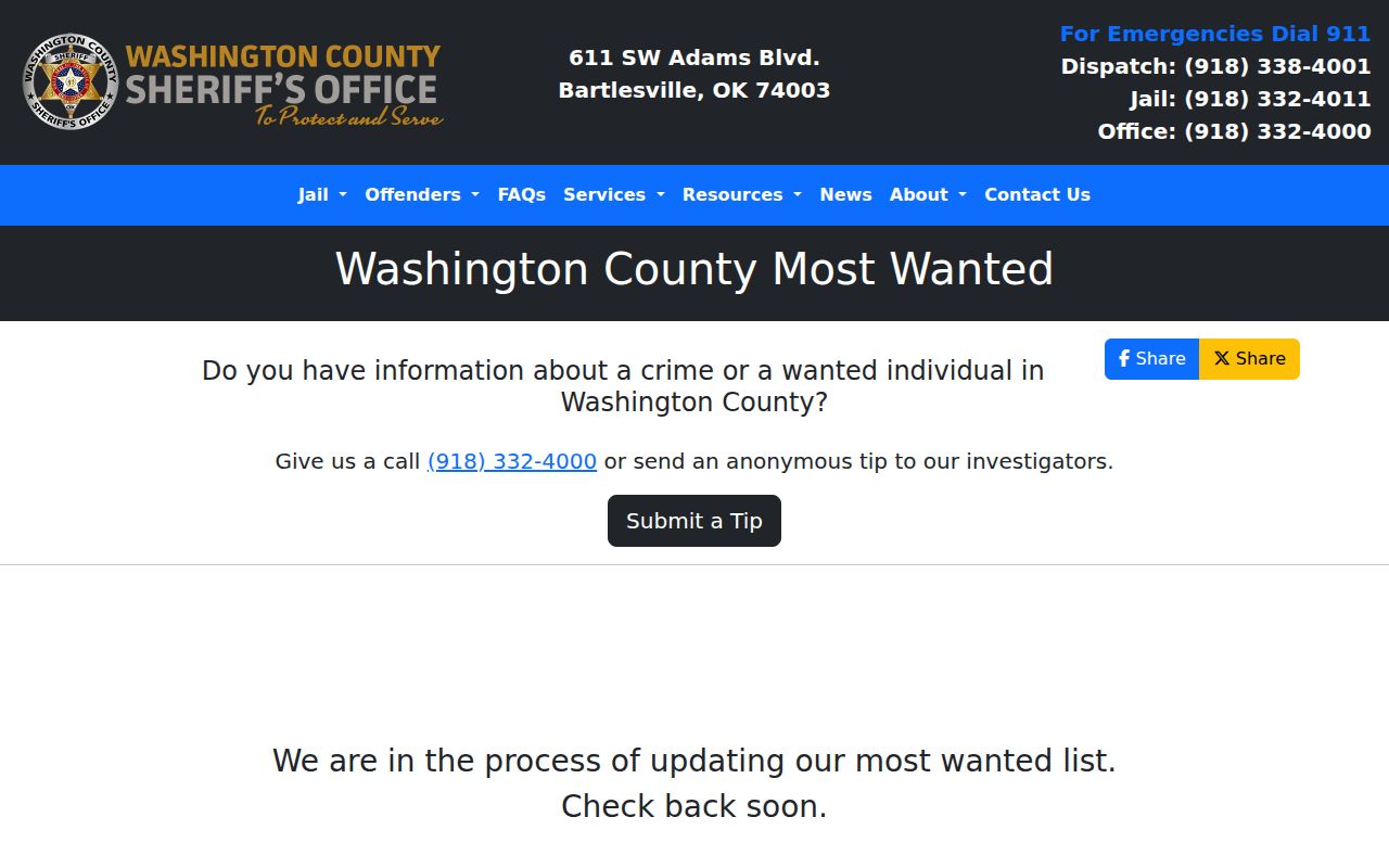 Washington County Sheriff's Office Most Wanted interface disclaimer