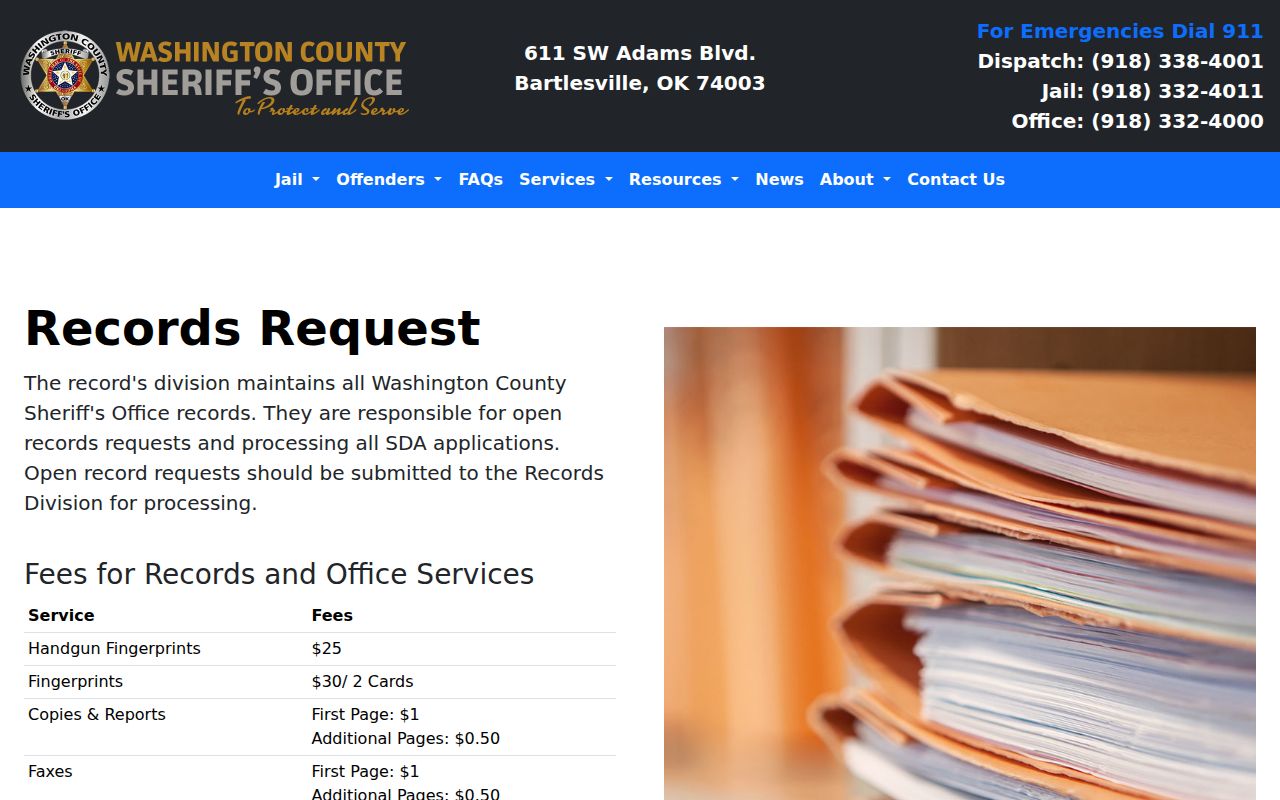 Washington County Sheriff's Office Records Division fee schedule
