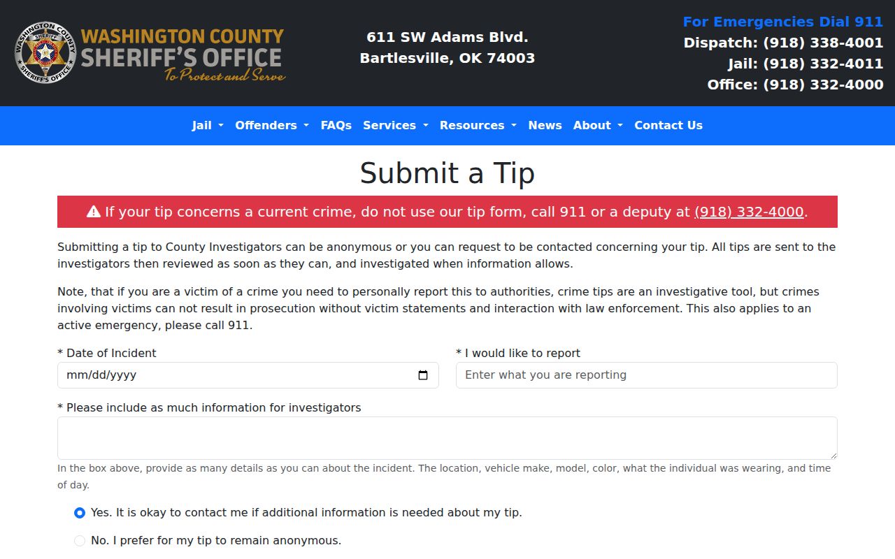 Washington County Sheriff's Office anonymous tip form fields
