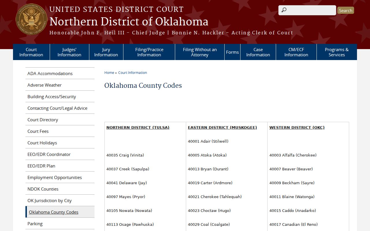 Northern District of Oklahoma county assignment reference